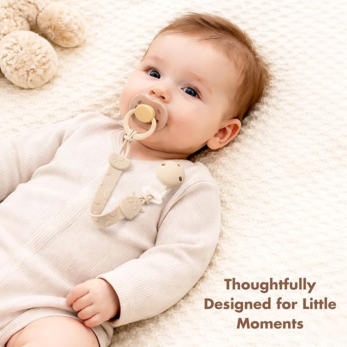 Pacifier Clips for Baby Boys Girls, One-Piece Silicone Pacifier Holder Strap 4 Pack, Binky Paci Clips Animal Rainbow Design, Lightweight Break-Resistant, Dishwasher Safe-Ivory+Sage
