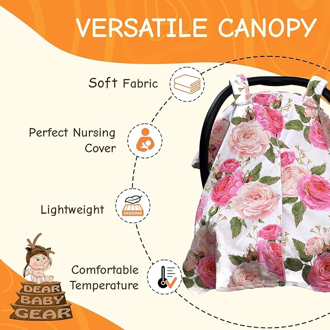 Dear Baby Gear Car Seat Cover for Boys & Girls - Baby Carseat Canopy w/Snap Opening - Infant Seat Cover - Stroller & Nursing Covers - Newborn Carrier Canopy - 40x30 (Pink Rose - Pink Dot)
