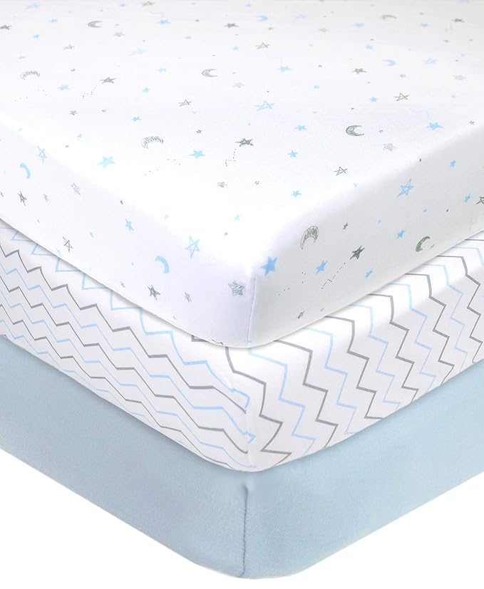 American Baby Company 3 Pack 100% Natural Cotton Fitted Pack and Play Sheets 39" x 27" - Soft & Breathable Pack N Play Sheets for Playard & Mini Crib Mattress, Blue Star/Zigzag, for Boys & Girls