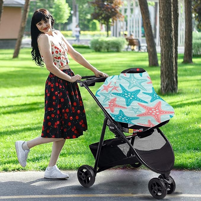 Nautical Ocean Starfish Baby Car Seat Covers, Nursing Cover Breastfeeding Scarf Soft Breathable Stretchy Coverage, Infant Stroller Cover for Boys Girls