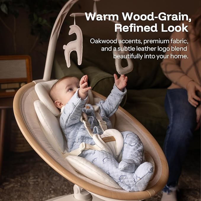 HARPPA Weddell Signature Baby Electric Swing for Newborns and Infants, Elevated Eye-Level Seat, 180° Rotation with Dual Motion, 5-Point Harness, 5 Speeds & Remote Control, Beige