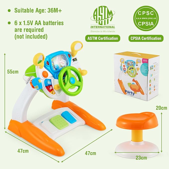 Costzon Steering Wheel Toy, Pretend Play Driving Simulated Toy w/Light and Music, Cyclic Rotary Scene, Siren Sounds, Walkie-Talkie, Stool, Interactive Learning Educational Toy for Toddler Boys Girls