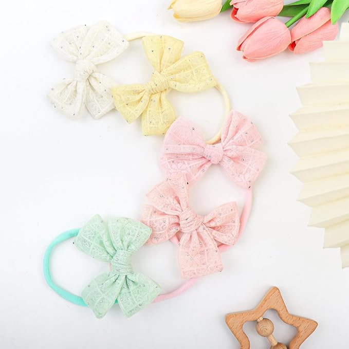YanJie 10Pcs Soft Lace Baby Bows Sparkly Girls Headbands with Rhinestones Baby Girl Hair Accessories for Newborn Infant Toddler Kids 4.5’’ Bow