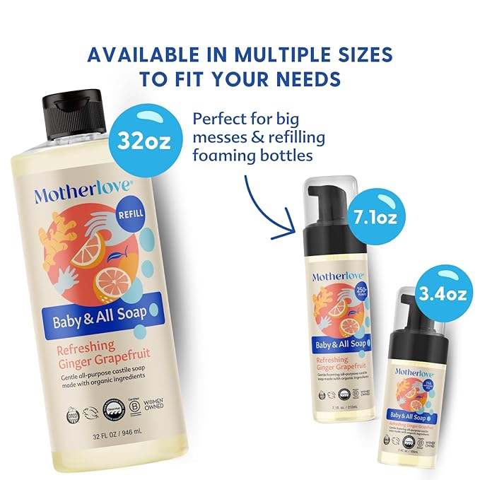 Motherlove Baby & All Soap (32 oz) Gentle Foaming All-Purpose Castile Soap Made with Organic Ingredients – Refreshing Ginger Grapefruit (Pack of 2)