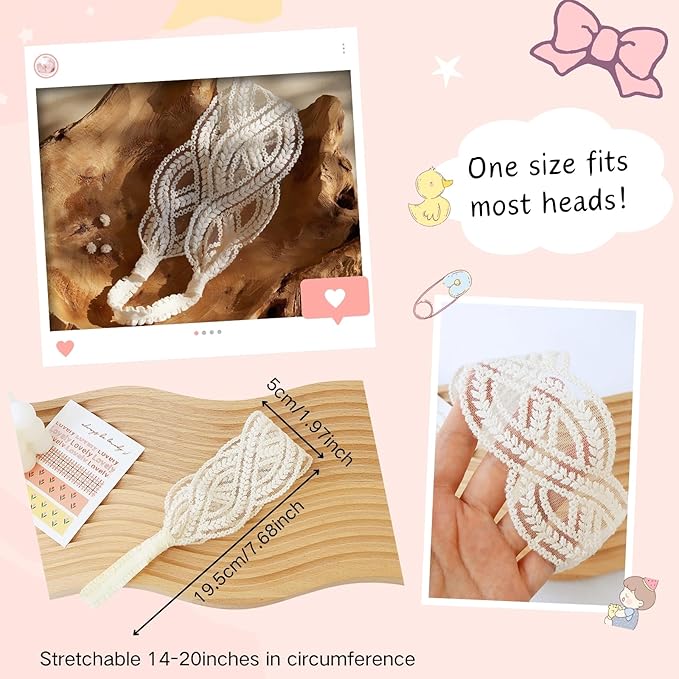 Lace White Bow-knot Baby Girls Headband Birthday Shower Infant Wrap Elastic Flower Baby Turban Hairband for Newborn Infant Toddler Kids (Wave, Elastic)