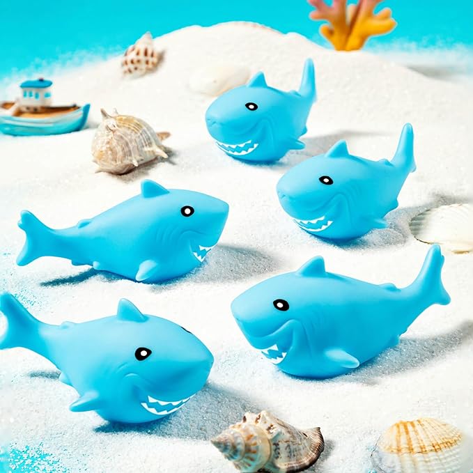 100 Pcs Rubber Sharks for Kids, Blue Shark Bath Toys Cute Floating Squeaky Mini Rubber Sharks for Shower, Classroom Carnival Prizes, Cake Decoration
