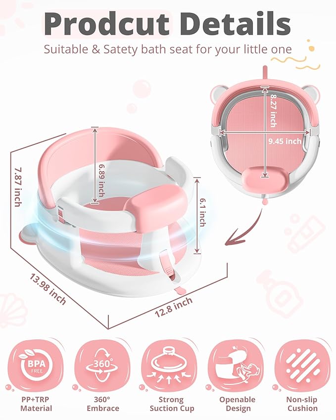 ONTHEWEI Baby Bath Seats for Babies Sitting Up, Non-Slip Baby Bathtub with 3 Suction Cups, Safe & Comfortable Toddler Bath Seat Ideal for Baby Bath/Shower Support, Stable Design, Grey (6-24 Months)