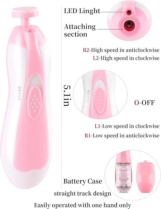 Electric Baby Nail Trimmer, Safe Gentle Nail File Grinder Kit with LED Light, Whisper Quiet, 6-in-1 Nail Care Set for Newborns Toddlers Kids & Adults, Adjustable Speed & Rotation, Portable Travel.Pink