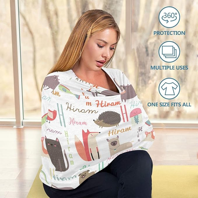 Personalized Baby Car Seat Cover with Name, Customized Multi Use Nursing Cover Breastfeeding Covers, Stroller Sun Shade Cover Canopy, Shower Gifts for Newborn Girl Boy, Cartoon Animal