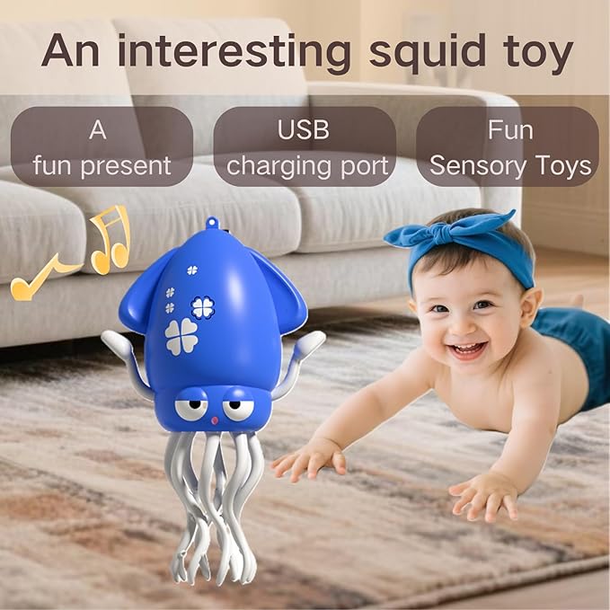 Interactive Dancing Squid Toy - Smart Obstacle-Dodging, USB Rechargeable LED Lights & Music, Sensory Tummy Time Toy for Toddlers (Blue)