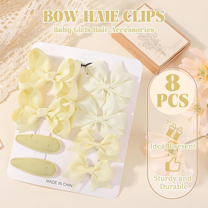 choicbaby 8pcs Baby Girl Hair Bow Clips Set, Yellow Toddler Hair Clips Boutique Grosgrain Ribbon Bow Hair Barrettes Accessories for Infant Toddler Kids