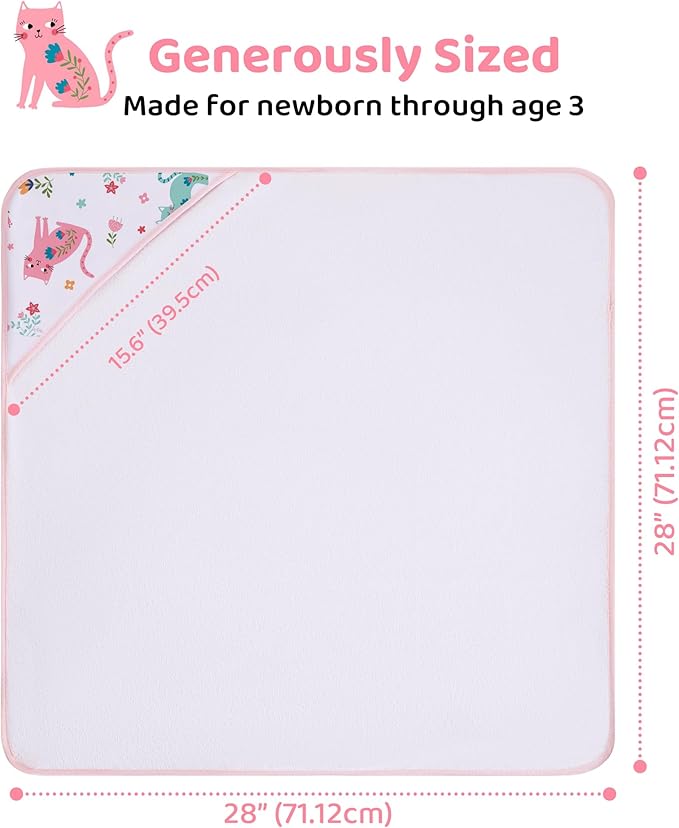 Mooreeke Baby Towel with Hood for Girls Pink Cat Flower Bath Towel for Babies Ultra Soft Absorbent 3 PCS Baby Towels and 3 PCS Washcloths for Newborn Essentials