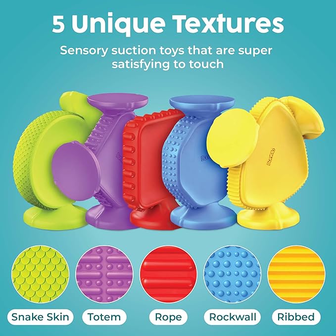 BUNMO Big Shapes Textured Suction Bath Toys for Toddlers 1–3 (5 Pack), Extra Large Silicone Bathtub Toys, BPA-Free Suction Cup Toys, Bath Toys for Kids Ages 1+, Sensory Bath Toys