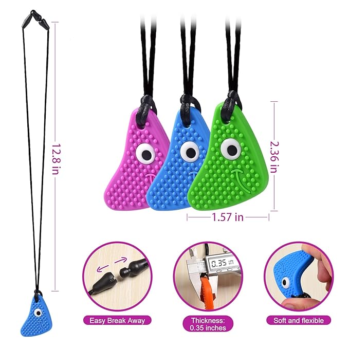 Chew Necklaces for Sensory Kids, Seeway Chewy Necklace Sensory Motor Aids, 3 Pack Silicone Sensory Chew Toys, Different Textures Chewelry, Improve Concentration【Blue, Green, Purple】