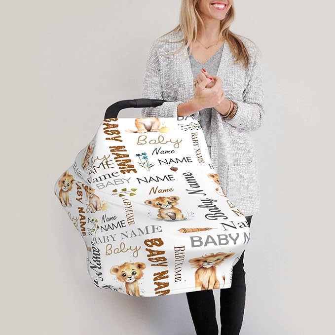 Personalized Car Seat Covers for Babies with Name – Multi-use Breastfeeding Cover Custom Lion Carseat Canopy Cover, Infant Stroller Covers for Boys and Girls