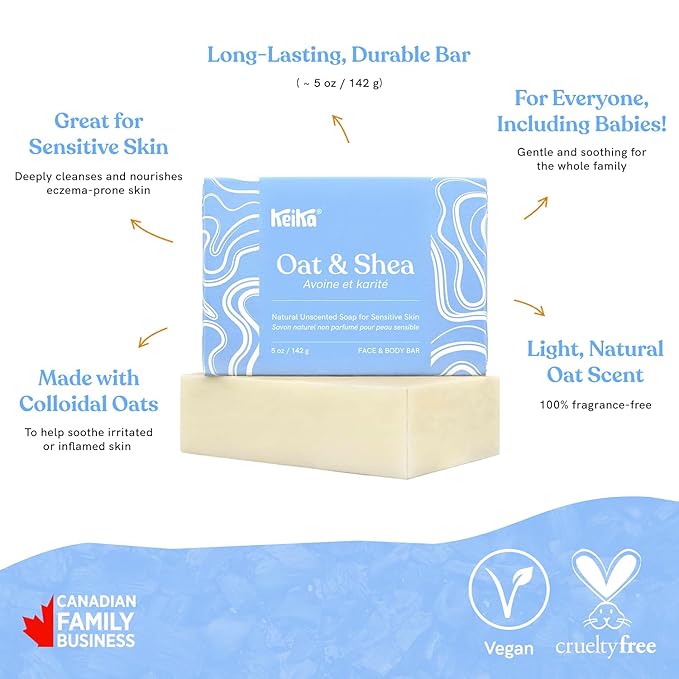 Keika Baby Soap Bar Oat & Shea Unscented for Eczema, Psoriasis, Face, Body, Infant Kids Teens Men Women with Sensitive Skin, 5 oz.