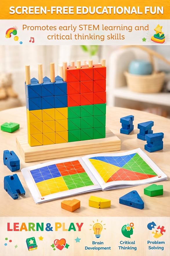 Montessori Wooden Stacking Toy for Kids - Toddler & Preschool STEM Learning Creative Brain Teaser Educational Logic Game - Puzzle Colorful Triangle Blocks