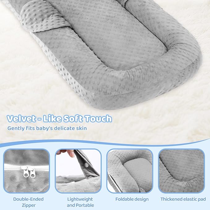 Baby Lounger for Newborn,0-12 Months,Foldable Soft Infant Lounger Pillow for Home and Travel, Baby Nest Lounger with Cover,Multi-Use Portable Baby Lounger for Supervised Play&Tummy Time, Grey