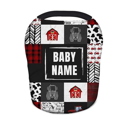 Personalized Baby Car Seat Covers with Name, Custom Nursing Cover Breastfeeding for Babies, Carseat Canopy for Girls and Boys, Infant Stroller Cover, Breathable Carseats Cover(Red Tractor Farm Theme)
