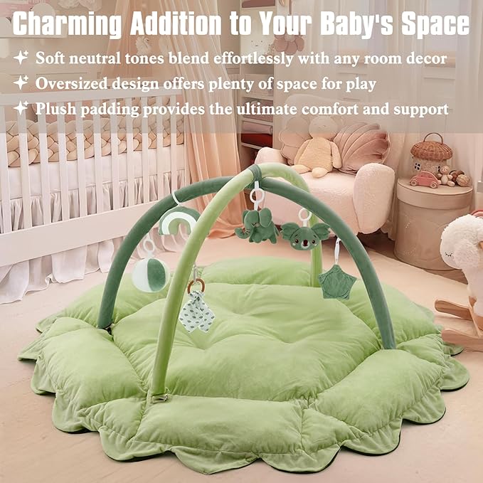 5-in-1 Plush Baby Play Gym, Activity Mat with Convertible Gym, Baby Gym 6 Sensory Toys, Play Center for Newborn to Toddler, Green