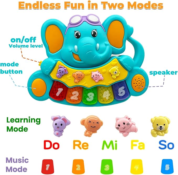 Baby Piano Toy, 6-12 Months Light Up Music Baby Toys for 0 3 6 9 Months, Early Learning Educational Boys Girls Gifts (Elephant)