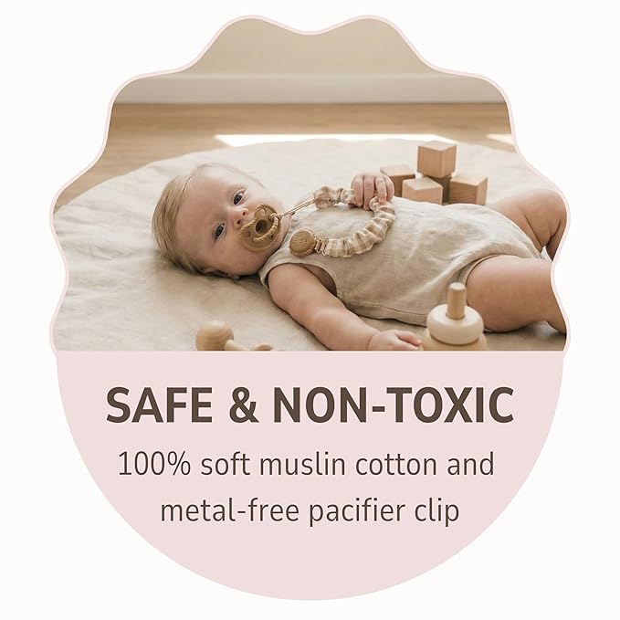 Muslin Cotton - Metal-Free Pacifier Clips, Lightweight and Secure Pacifier Holder for Babies (Hazel Miel) - Mila & Lulu
