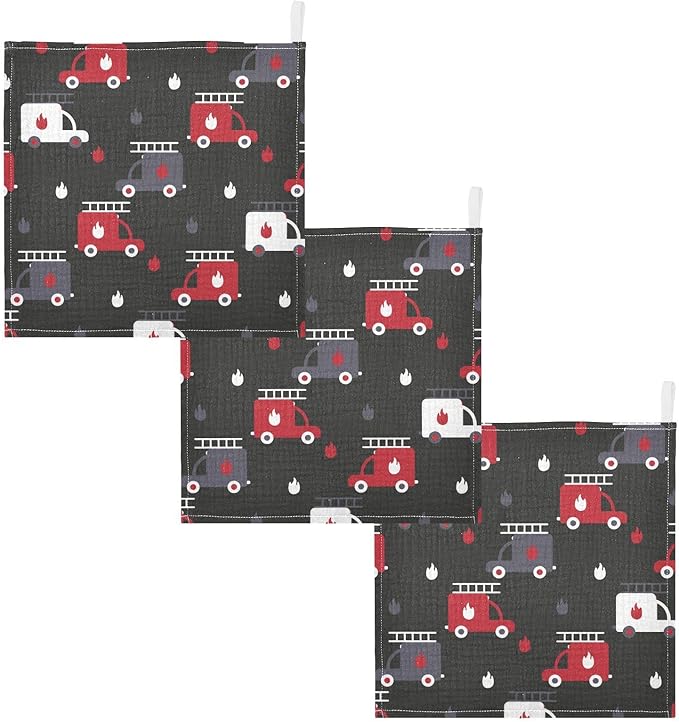 vvfelixl Baby Muslin Washcloths, Firefighters Fire Trucks Baby Burp Cloths, Cotton Baby Face Towel for Newborn Infants Boys Girls Soft and Absorbent 11.8 X 11.8 in, 3 Pack Black