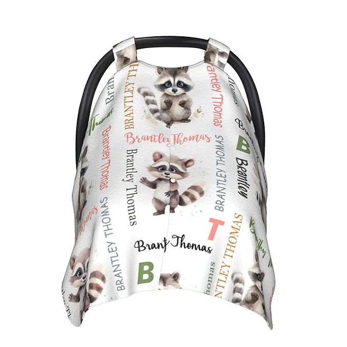 Personalized Winter Baby Car Seat Cover with Name Raccoon Winter Car Seat Cover for Baby Seat or Stroller Custom Infant Car Seat Covers Minky Blankets Nursing Cover Breastfeeding Scarf