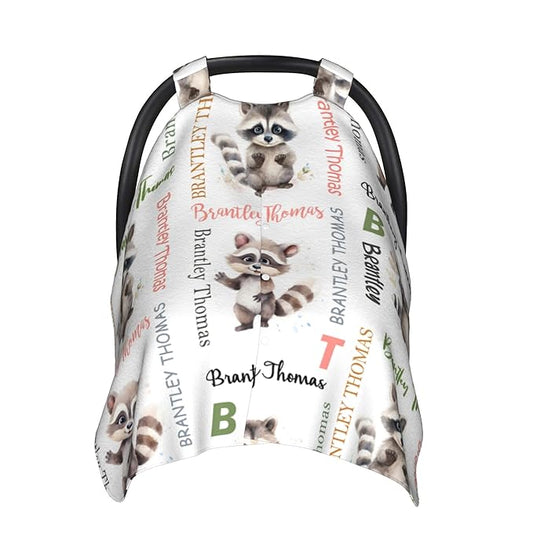 Personalized Winter Baby Car Seat Cover with Name Raccoon Winter Car Seat Cover for Baby Seat or Stroller Custom Infant Car Seat Covers Minky Blankets Nursing Cover Breastfeeding Scarf