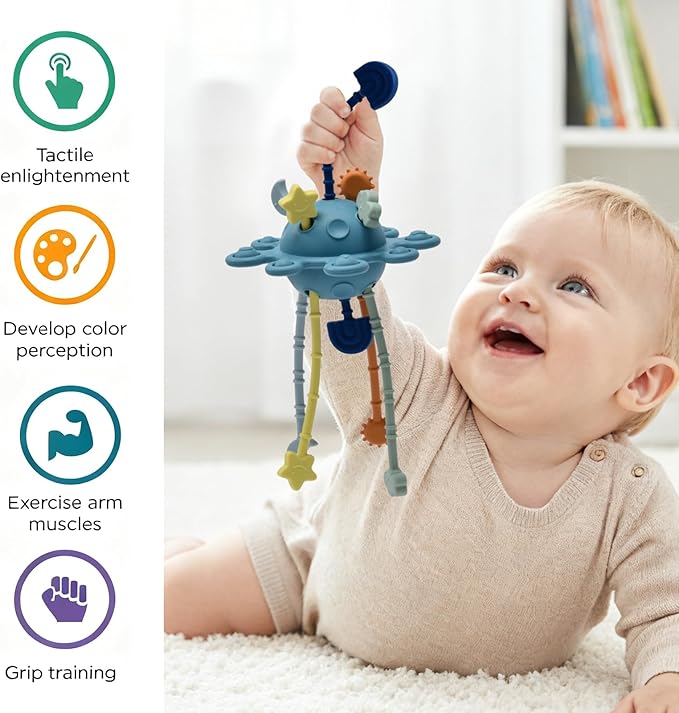 Little Rawr Silicone Baby Sensory Montessori Toys & Pull String Toys for 18 M+, Toddler Birthday Gift Car Seat Airplane Travel for 1 2 Year Old Boy Girl Infant 18 Months Old (Blue)