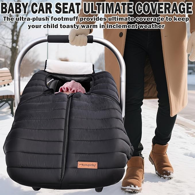 Winter Baby Car Seat Cover, Infant Carseat Canopy for Boys Girls, Cold Weather Warm Car Seat Covers for Babies, Keeps Babies Warm and Cozy, Rain & Snow Repellent, Waterproof, Newborn Essentials,Black