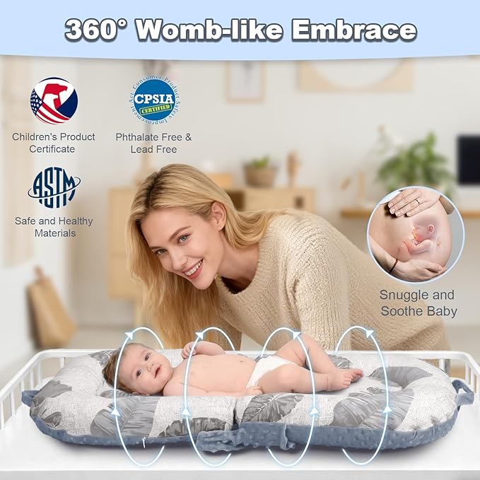 Baby Lounger, 3-in-1 Portable Infant Lounger for Newborns 0-24 Months, Foldable Tummy Time Pillow and Sitting Seat with Removable Cover, Dual-Sided 100% Cotton and Velvet, Ideal Baby Shower Gift