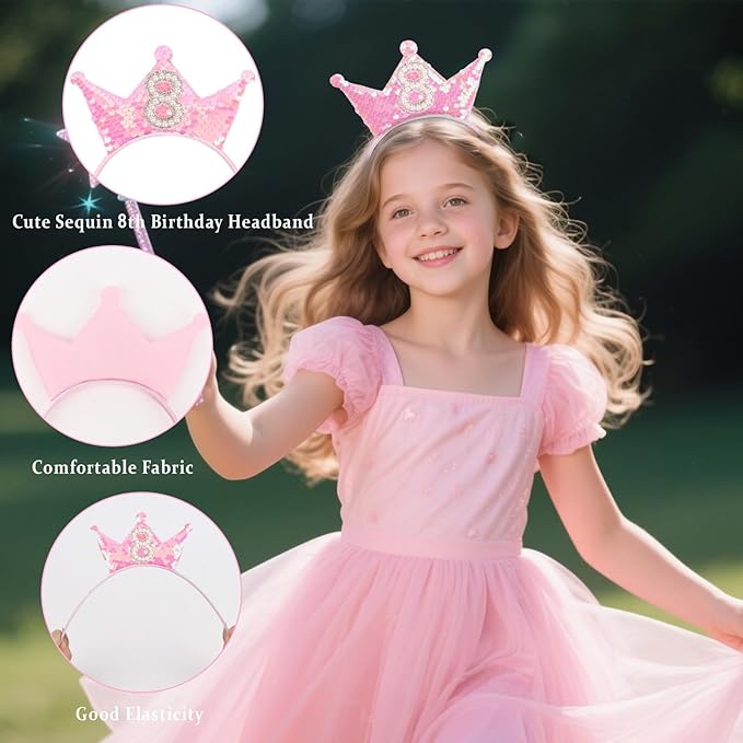 Birthday Crown Headband Pink Glitter Headbands for Girls Gifts for 8 Year Old Girls 8th Birthday Decorations