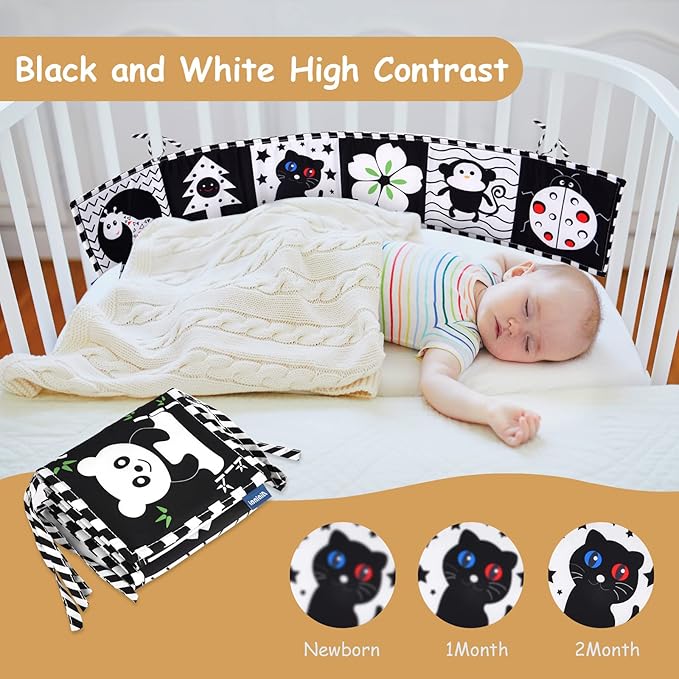 Vicloon Black and White Baby Toys, High Contrast Baby Book for Newborn 0-3 3-6 Months, Infant Tummy Time Toys, Early Education Sensory Toys, Visual Stimulation Folding Cloth Book for Boys Girls