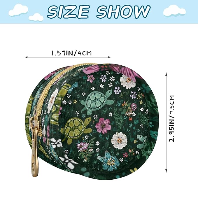 Pacifier Holder with Clip Pacifier Case for Diaper Bag Round Baby Pacifier Pouch Box Bag Portable Dark Green Turtles and Cute Flowers