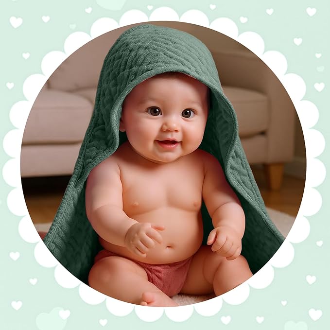 Peryiter 4 Pcs Muslin Hooded Baby Towels 32 x 32 Inch Cotton Newborn Bath Essentials Muslin Infant Blankets Absorbent Registry Gifts for Girl Boy Kids Baby Shower (Green Series)