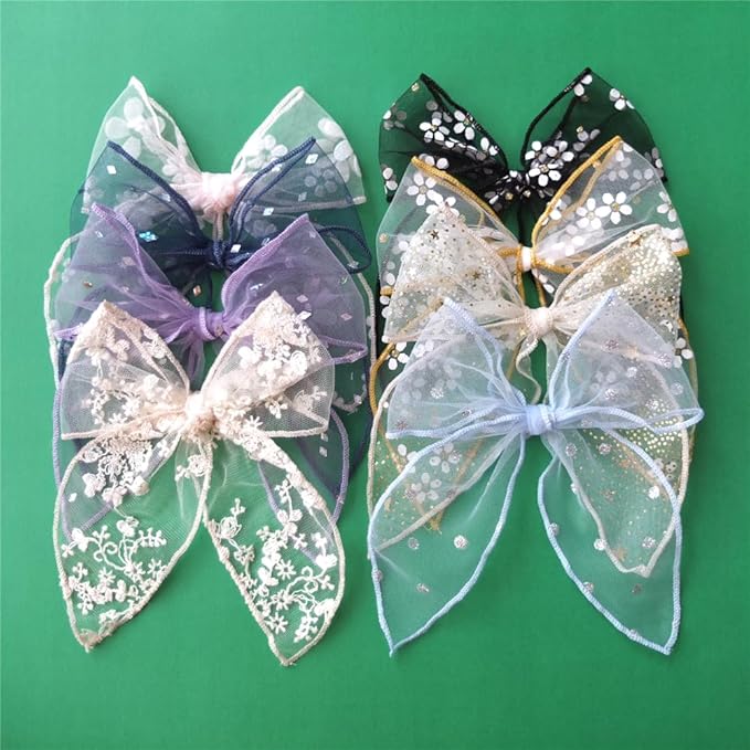 Lightweight Gauze Hair Barrettes with Lace Bows for Baby Girls, Women - Cottagecore Accessories (8 Pack Fable Bow)
