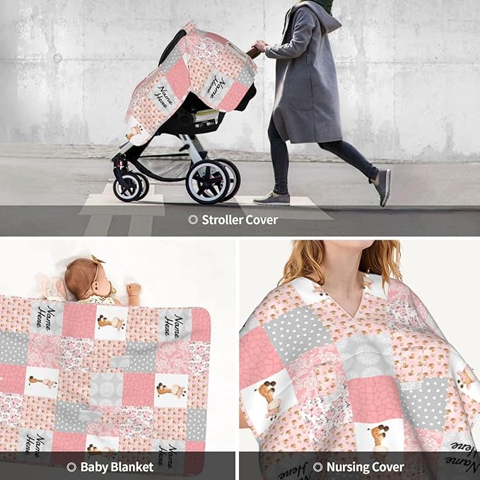 Personalized Giraffe Plaid Baby Infant Car Seats Canopy for Babies with Name, Custom Multi-use Blankets for Baby Boys Girls, Peekaboo Minky Nursing Breastfeeding Stroller Cover Canopies for Newborn