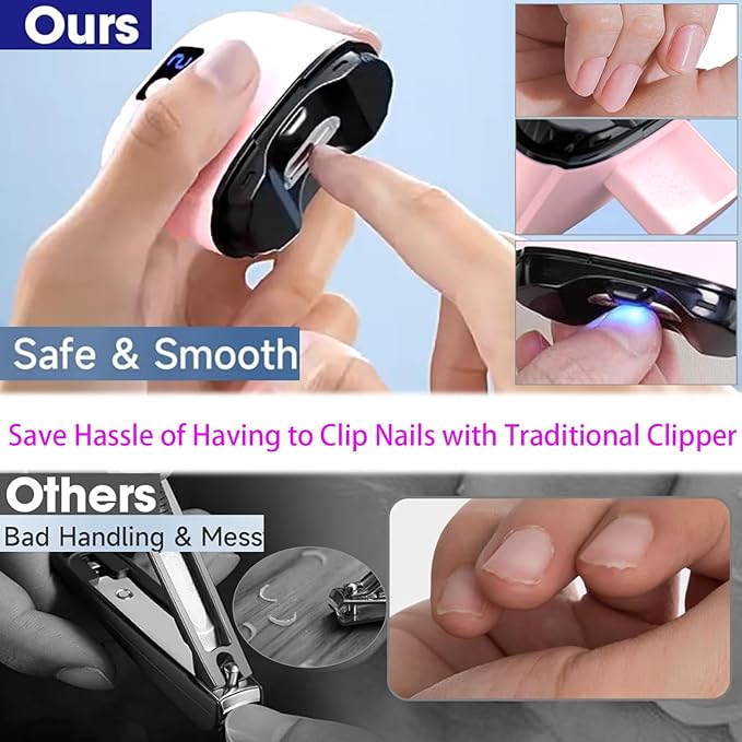 2 in 1 Electric Nails Clipper w/ Light, Automatic Nail Trimmer w/ Clip Storage, Fingernail File Cutter Rechargeable Adjustable 3 Speed, Manicure Care, Filer for Kid Caregiver Women Girl Pink