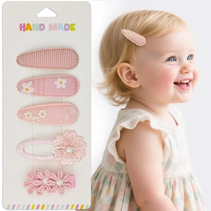 5Pcs Baby Hair Clips for Girls Toddler, 4 Snap Clips + 1 Fully Wrapped Alligator Clip, Soft Gradient Pink Floral Set with Handmade Embroidery & Faux Pearl, Non-Slip Safe Hair Barrettes for Infants