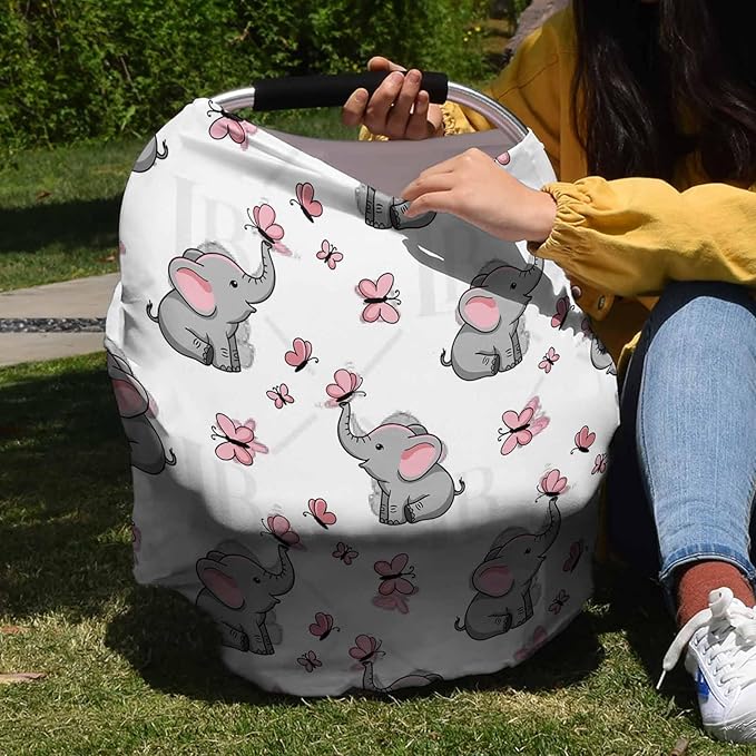Carseat Cover for Girls Babies, Elephant Nursing Covers for Breastfeeding Baby, Car Seat Stroller Combos Cover,Pink Magic Butterfly Infant Carseat Canopy,Newborn Shopping Cart Covers