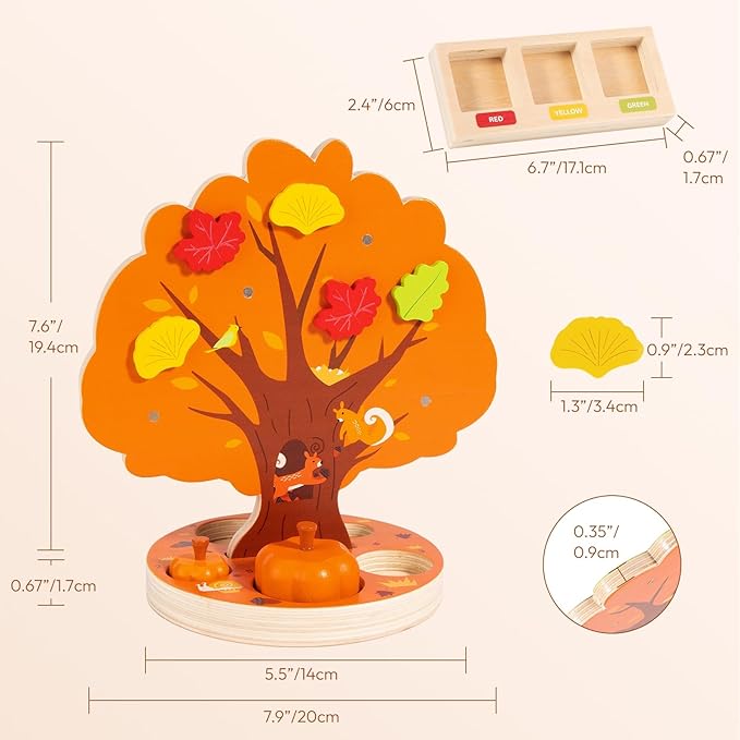 Woodtoe Montessori Toys for 3 4 5 6 Year Old, Pumpkin Picking Magnetic Leaves Tree Toy, Toddler Fine Motor Skill Toy, Wooden Sensory Color Sorting Toys, Autumn Pumpkin Toy Birthday Gifts for Kids 3-6