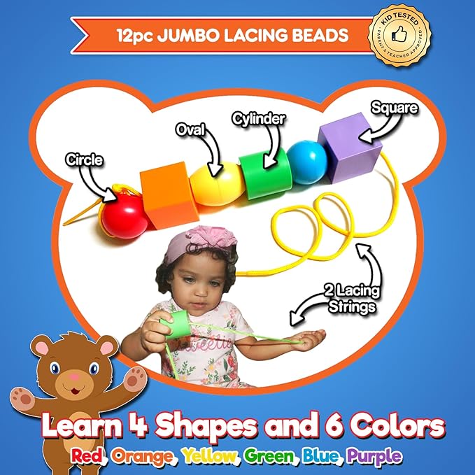 Jumbo Beads & Bolts Game Set - 2-in-1 Fine Motor Matching Educational Stringing & Twisting Toys for Toddlers with 12 pc Lacing Beads and 12 pc Nuts & Bolts, Toy Storage & Learning Activities eBook