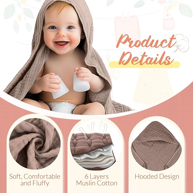 VitalCozy 8 Pcs Baby Muslin Hooded Bath Towels and Washcloths, Muslin Hooded Baby Towels Absorbent Blankets for Gift Newborn Infant Shower (Grey,Blue)