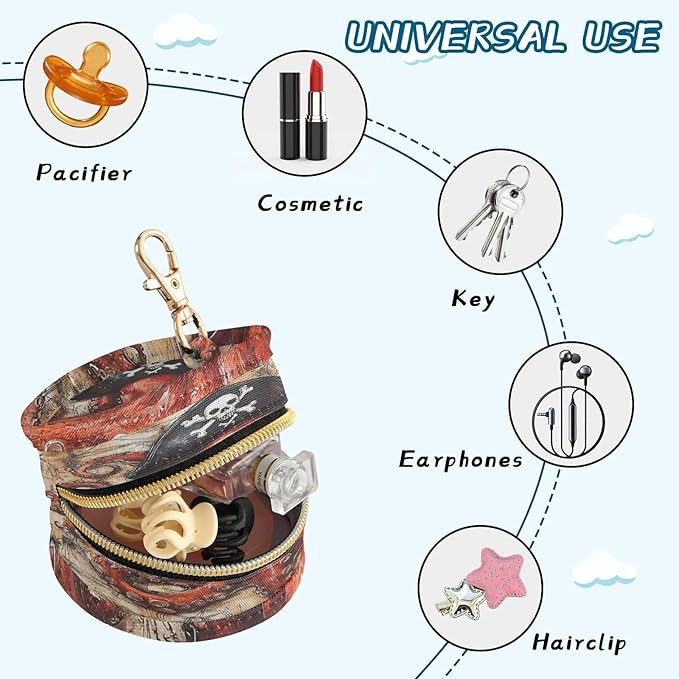 Pacifier Holder with Clip Pacifier Case for Diaper Bag Round Baby Pacifier Pouch Box Bag Portable Octopus Pirate and Compass