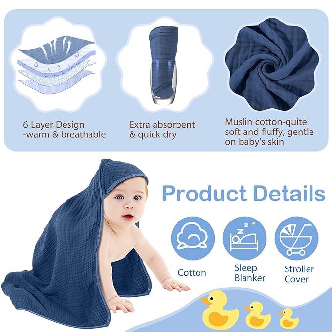 Peryiter 6 Pcs Muslin Hooded Baby Towels 32 x 32 Inch Cotton Newborn Bath Essentials Muslin Infant Blankets Absorbent Registry Gifts for Girl Boy Kids Baby Shower (Gray Series)
