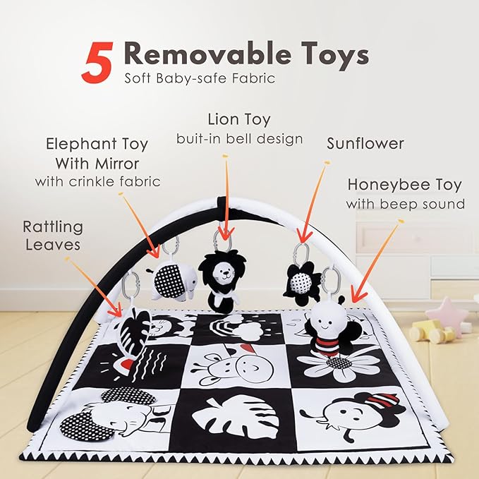 Lovvie & Joy Baby Play Activity Gym Tummy Time Mat for Infant,Baby Gyms & Playmats for Babies 0 to 3 6 9 12 Months with 5 Toys for Early Sensory Exploration and Motor Skill Development
