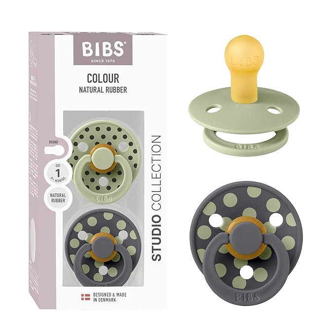 BIBS Polka Dots Pacifier 2-Pack, BPA Free Pacifiers with a Round Latex Nipple, Made in Scandinavia, Size 1 (0-6 Months), Sage/Iron