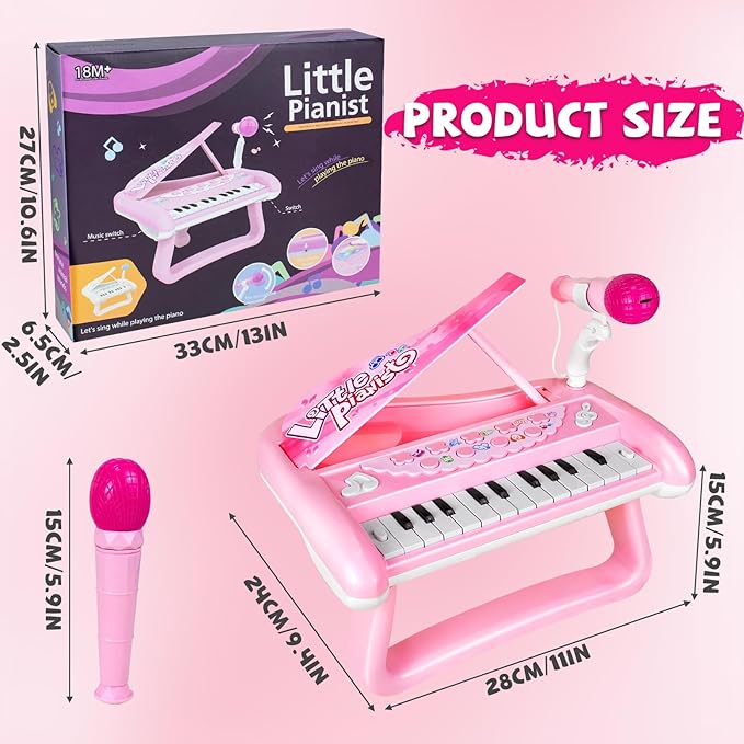 Baby Piano Music Toy, 22 Key Pink Piano Toys for 2 3 Years Old Girls, Baby Toddler Kids Musical Keyboard Toy with Microphone First Birthday Gift for Girls