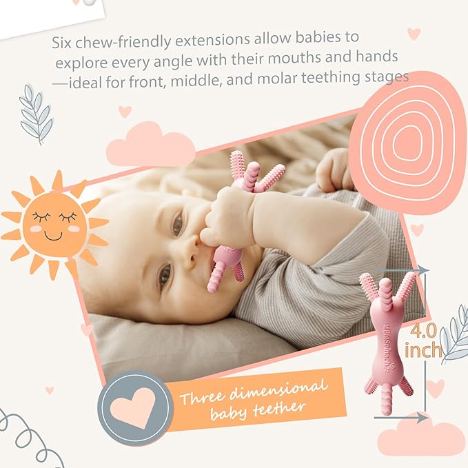 BIGSPINACH 3D Baby Teether, BPA-Free Multi-Texture Silicone Teething Stick Toy,360-Degree Textured Design, Easy-Grip Design for Infants and Toddlers (Pink, 3D)